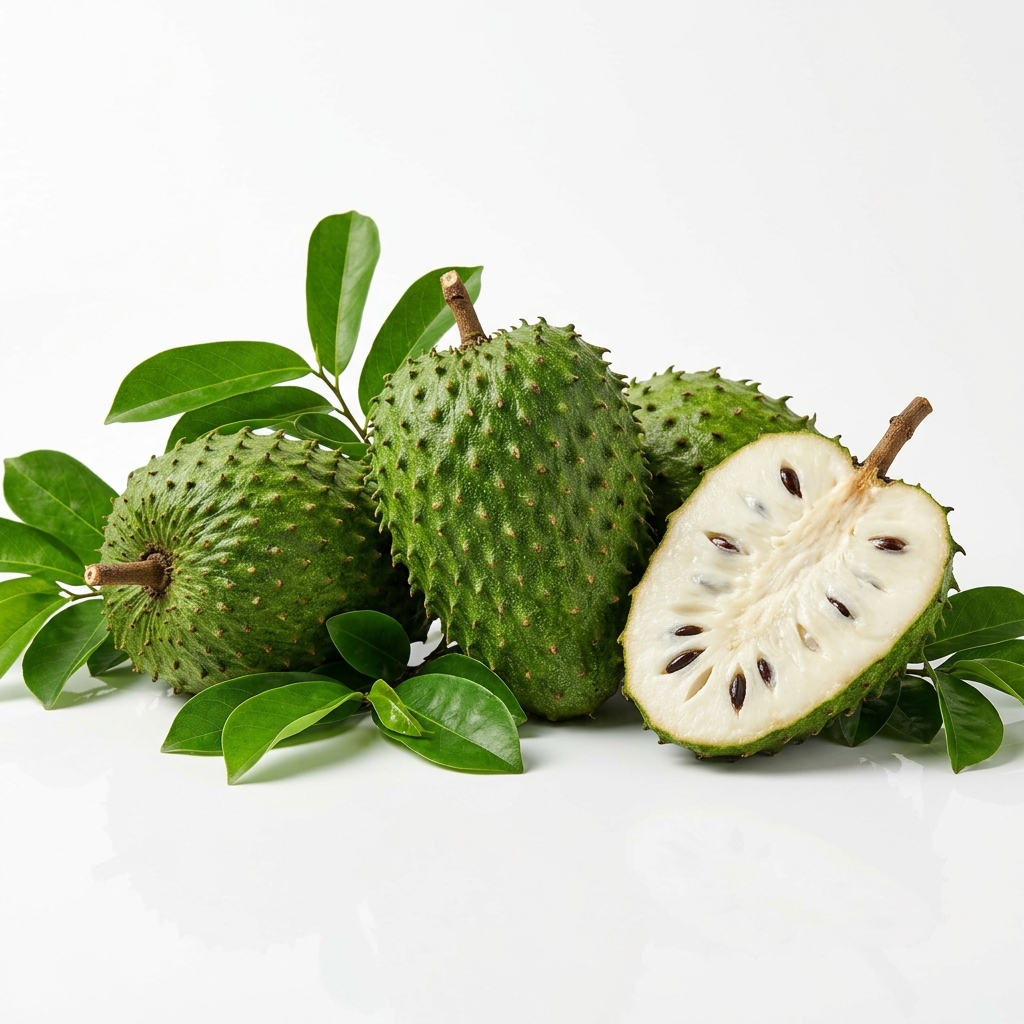 Guanábanas frescas con corte mostrando la pulpa blanca